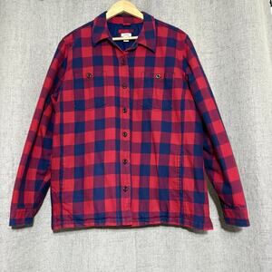 L.L. Bean Quilted Flannel Jacket Men XL Red Blue Plaid Shacket Primaloft